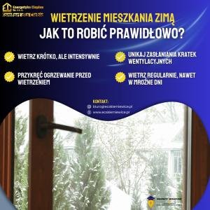 Plakat jak wietrzyć mieszkanie zimą.