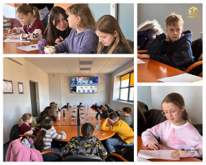 Kolaż zdjęć dzieci oglądających film edukacyjny w zakładzie spółki