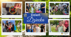 Kolaż zdjęć z Dnia Dziecka zorganizowanym w parku w Skierniewicach.