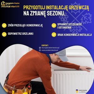 Grafika przedstawiająca mężczyznę przy grzejniku wraz z opisem, jak dokonać konserwaji grzejnika.